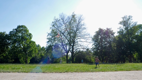 孩子的玩具，小男孩手持风筝在空中奔跑在绿草地上视频素材模板下载