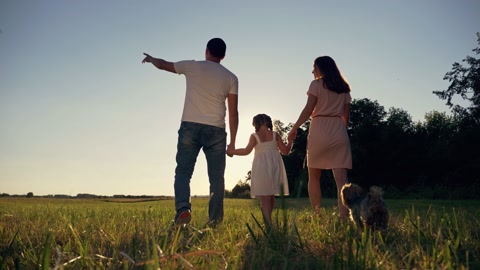 日落时，快乐的家庭在公园散步。家人妈妈，爸爸，孩子手牵手在一起视频素材模板下载