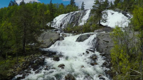 挪威河流急流和瀑布的航拍镜头视频素材模板下载