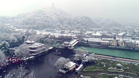 航拍都江堰南桥雪景，成都，中国视频素材模板下载