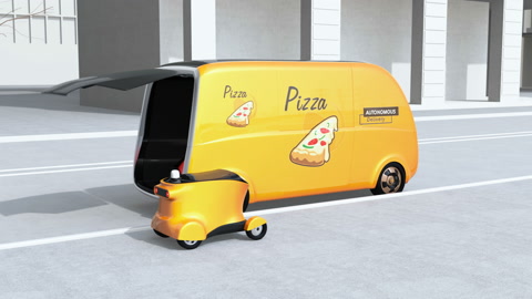 披萨盒从自动驾驶送货车转移到移动送货无人机视频素材模板下载