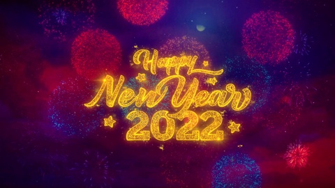 2022新年快乐问候文字，彩色烟花上的闪光颗粒视频素材模板下载