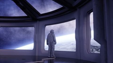 孤独的宇航员在未来空间俯视地球