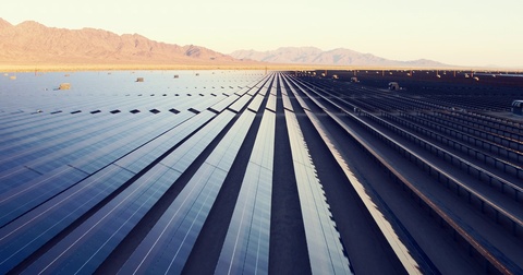 鸟瞰沙漠中的大型太阳能农场，清洁的可再生能源