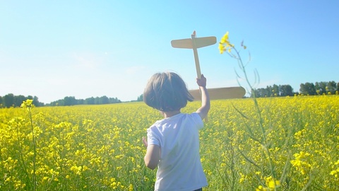 快乐的小女孩带着玩具飞机在黄花地里奔跑