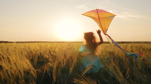 童年梦想快乐的女孩在麦田里放风筝奔跑孩子是