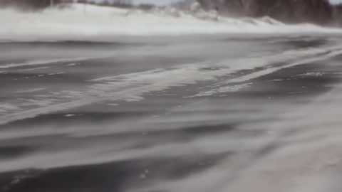 暴风雪扫过道路的特写