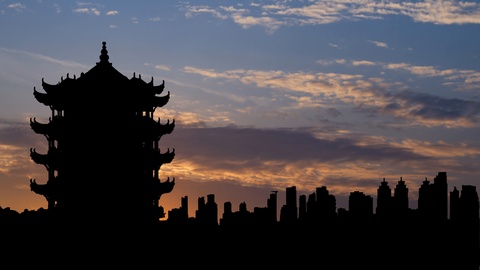 延时拍摄日出时分中国武汉城市与黄鹤的剪影
