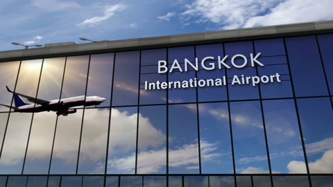 飞机在曼谷降落反映在航站楼