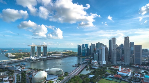 新加坡天际线蓝天缩放运动的延时摄影