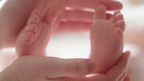 婴儿的脚在母亲手中。新生婴儿的小脚在父母手中视频素材模板下载
