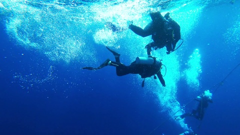 在海底潜水的一群潜水爱好者