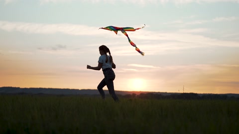 公园里放风筝的女孩快乐的孩子在风中拿着风筝女孩在绿地上奔跑视频素材模板下载