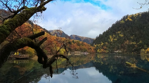 中国九寨沟的七彩湖、瀑布、森林、山脉视频素材模板下载
