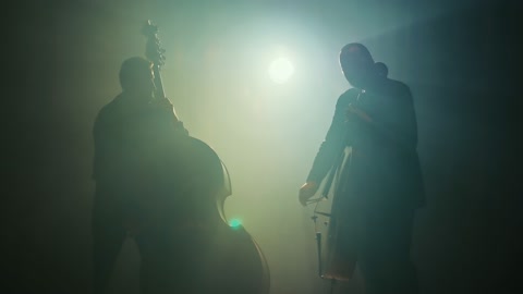 音乐家在大舞台上演奏大提琴、低音提琴的剪影