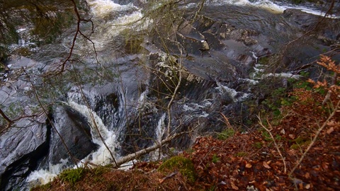 广角向上倾斜，展示像瀑布一样的河流流动在秋天