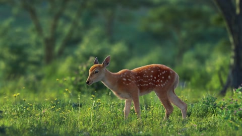 一只小鹿正在绿草地上吃草