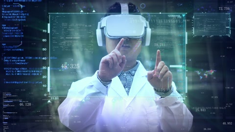 医生戴虚拟现实眼镜操作虚拟现实触摸屏HUD面板视频素材模板下载