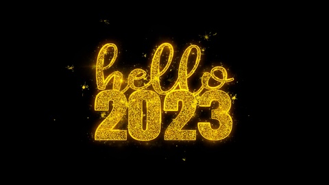 你好，2023新年祝福文字在黑色背景上闪烁粒子视频素材模板下载