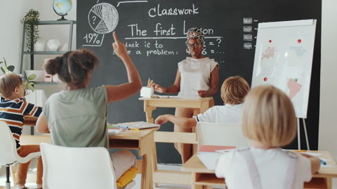 非裔美国女教师在小学课堂上提问视频素材模板下载