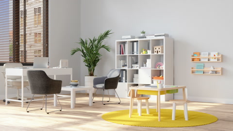 low Walls儿童心理学家办公室和一个带有玩具、桌子、椅子和黄色墙壁的游戏区域