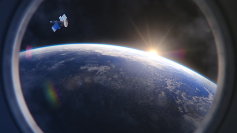 在宇宙飞船火箭小窗看地球与太阳和卫星
