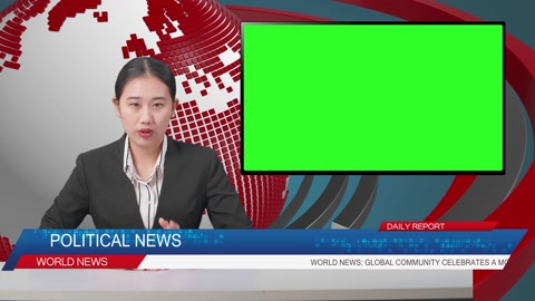 直播新闻工作室，设有亚洲专业女性主播和绿幕