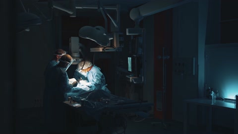 外科医生在黑暗手术室里做手术