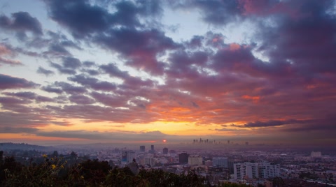 洛杉矶城市风景的美丽日出延时记录天气