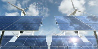 生态能源农场中太阳能电池板和旋转风力涡轮机的动画