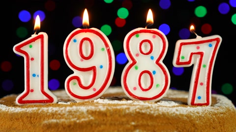 生日蛋糕上有白色燃烧蜡烛，形状为数字1987视频素材模板下载