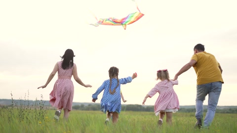 快乐的家庭在草地上放风筝视频素材模板下载
