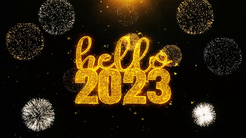 你好，2023新年祝福在烟火爆炸颗粒的展示中视频素材模板下载