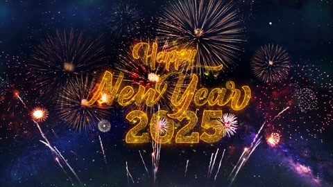 新年快乐2025文字排版粒子烟花爆炸火花之夜视频素材模板下载