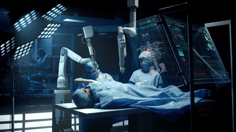 外科医生团队使用双臂机器人进行精细手术