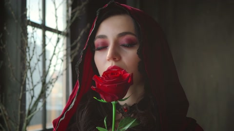 穿着红色天鹅绒复古兜帽的女人轻轻抚摸玫瑰脸。女孩喜欢气味，