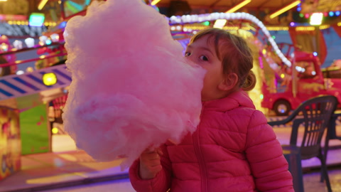 小女孩开心地笑着，开心地吃着粉红色的棉花糖视频素材模板下载