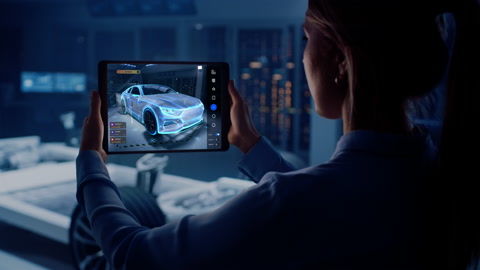 现代工程师手持带有增强现实概念车的平板电脑视频素材模板下载