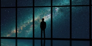 星空背景下站在窗户附近的男性。时间流逝