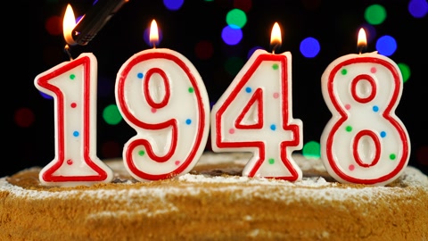 以数字1948为形状的白色燃烧蜡烛的生日蛋糕视频素材模板下载