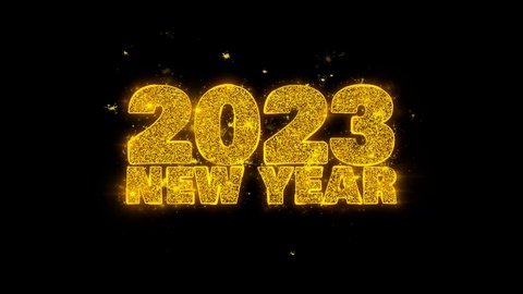 2023新年天空祝愿文本在黑色背景上闪烁颗粒视频素材模板下载