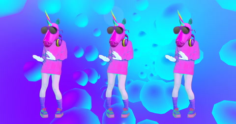 时尚动画设计。跳舞的Dj独角兽。紫色派对氛围。
