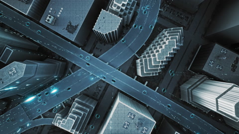 城市高速公路交叉口上的无人驾驶车辆的空中视图视频素材模板下载