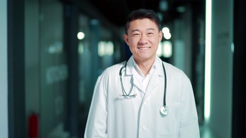 微笑快乐开朗男性亚洲医生医务工作者在白色长袍