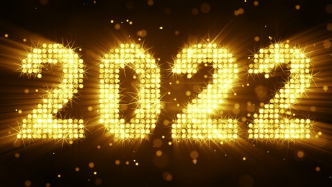 发光黄色粒子新年问候3D渲染动画的文本2022视频素材模板下载