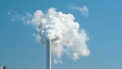 蒸汽和烟雾从燃煤电厂升起，映衬着蓝天