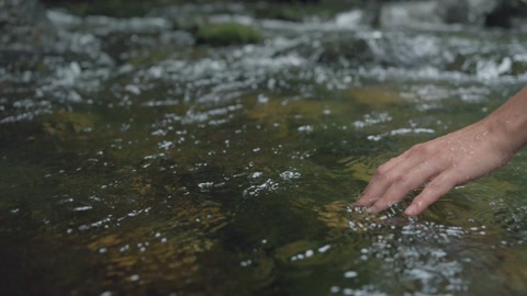 近距离拍摄女性手触摸森林河流中的水面