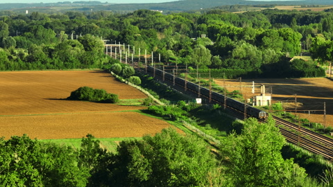 农村的铁路和火车经过，鸟瞰美丽的绿色