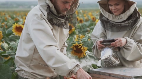 近距离拍摄专业蜂农使用烟雾工具进行蜜蜂熏蒸视频素材模板下载