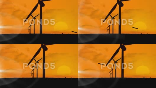 风力涡轮机和飞机在橙色天空起飞的剪影动画高清在线视频素材下载
